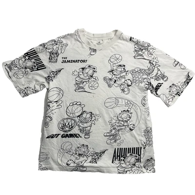 Camiseta H&M Garfield Doble Cara Gráfica Niños 16/18 Blanca Dibujos Animados Camisa Defectuosa Foto 1 de 4