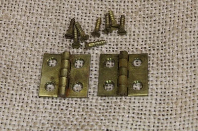 2 Old Tiny Door Mini Hinges Solid Brass 3/4" X 3/4” Vintage USA Made with screws - Image 1 of 4