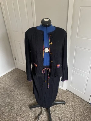 1980s Alessandra Sz Medium Black and Multicolor Trim Top/Skirt Set w Gem Buttons - Image 1 of 4