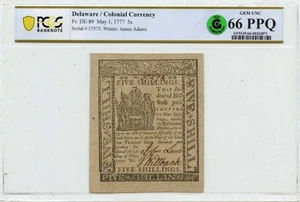 1777 May 1, 5s Delaware Colonial Note FR#DE-89 PCGS GEM 66 PPQ GCC Green - Picture 1 of 2