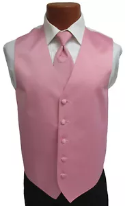New Men's Rose Pink Satin Tuxedo Vest Choice of Bow or Long Tie Wedding Prom - Picture 1 of 5