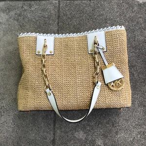 Michael Kors Straw Rosalie Tote Handbag Brown White Gold Tone Purse - Picture 1 of 14