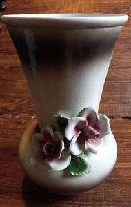 Nuova Capodimonte Vase Porcelain Roses Flowers 14” Tall Cream/ Brown - Picture 1 of 12