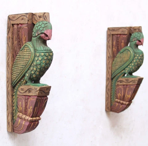 Wooden Wall Bracket Bird Corbel Pair Parrot Statue Vintage Home / Garden Decor Cover