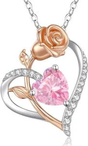 Rose Heart Silver Necklace for Women 925 Sterling Silver / Brass Necklace - Picture 1 of 67