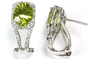 4.3 ctw Natural Green Peridot & Diamond Solid 14k White Gold Omega Back Earrings - Picture 1 of 2