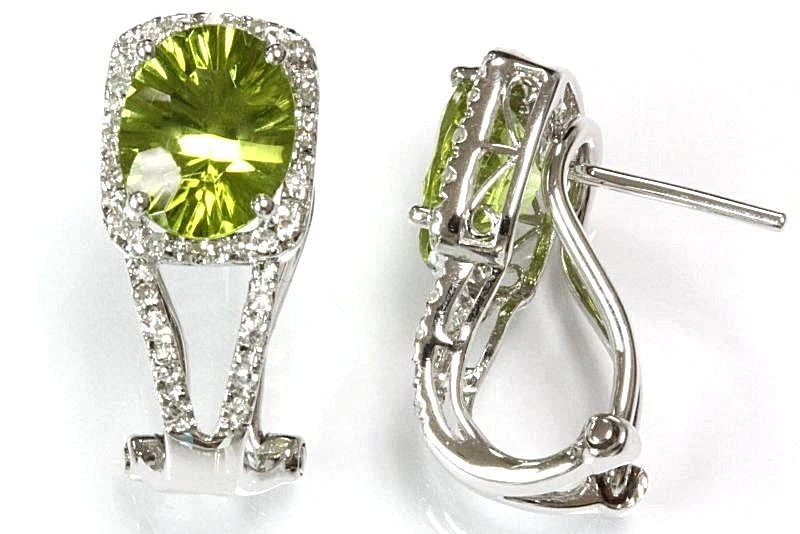 4.3 ctw Natural Green Peridot & Diamond Solid 14k White Gold Omega Back Earrings - Image 1 of 2