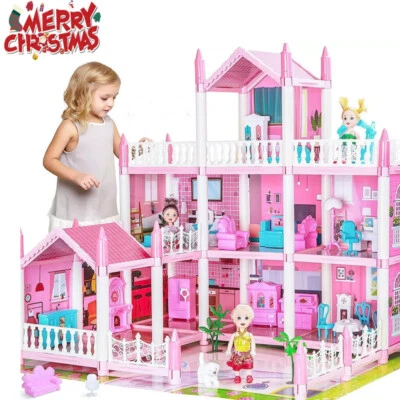 MARKENLOS Villa Puppenhaus 4 Etagen Dollhouse Puppenvilla incl. Möbel + Puppe LED Licht