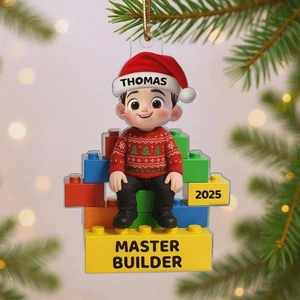 2D Flat Little Kid Master Builder Personalized Acrylic Ornament, Custom Lego - Picture 1 of 9