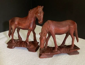 Vintage Hand Carved Wooden Figurine Small Horses With Glass Eyes Wood Art Decor - Picture 1 of 16