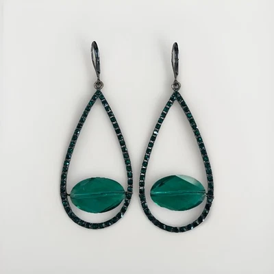 Emerald Green Glass Rhinestone Teardrop Earrings Gunmetal Tone Lever-Back 2.75” - Image 1 of 2
