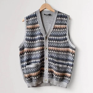 Alpaca 111 Sweater Vest Cardigan 100% Wool Sz L Gray Blue Tan Grandpa Academia - Picture 1 of 6