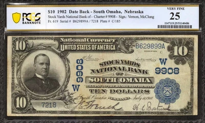 1902 $10 STOCK YARDS NATIONAL BANKNOTE CURRENCY OMAHA NEBRASKA PCGS 25 VF (899A) - Image 1 of 2