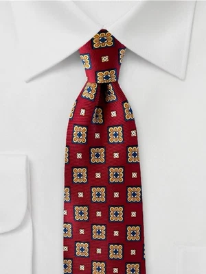 Corbata de seda italiana Jos A Bank roja ocre azul cuadrada medallón floral Italia nueva sin etiquetas Foto 1 de 4