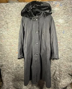 Liz Claiborne Trench Coat Jacket Medium Black Faux Fur Reversible Hooded - Picture 1 of 17