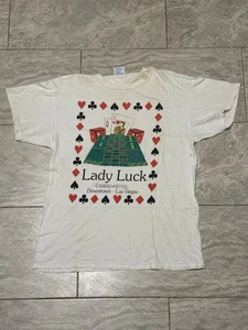 VINTAGE 90s LADY LUCK CASINO LAS VEGAS T Shirt DOWNTOWN QUEEN HEARTS Large Flaws - Picture 1 of 6