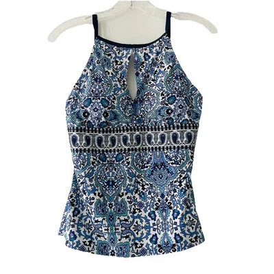 Ellen Tracy Swim High Neck Keyhole Preppy Paisley Print Blue Tankini Padded Top - Image 1 of 4