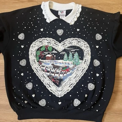 复古丑陋圣诞毛衣胡桃夹子冬季奶奶花边领 XL 码黑色 — 第 1/4 张图片