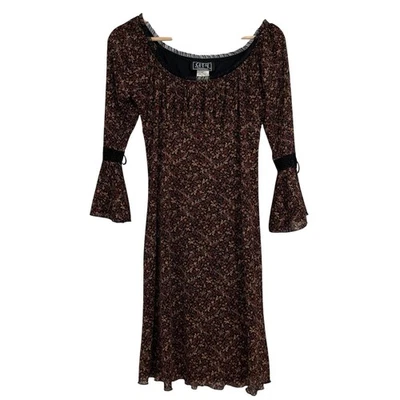 Vintage City Triangles Bell Sleeve Midi Dress M Brown Mesh Ditzy Floral Phoebe - Image 1 of 4