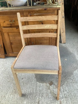 Brown Wooden Ladder Back Kitchen Dining Chair Beige Tweed Effect Fabric Seat - Image 1 of 4