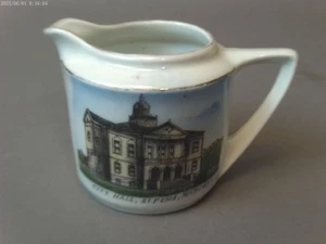 #90C Vtg Antique City Hall Alpena Michigan 1900s Souvenir China Cream Pitcher - Picture 1 of 13