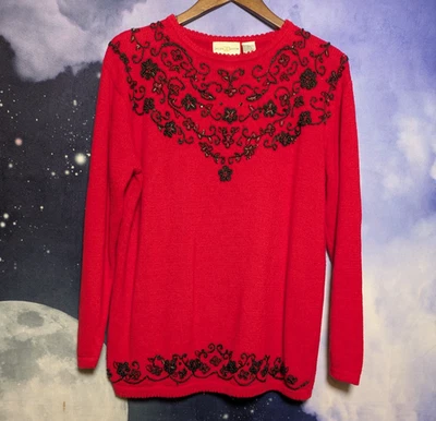 Red Black Beaded Jaclyn Smith Sweater Size Large Holiday Whimsigoth Glam Top - Image 1 of 4
