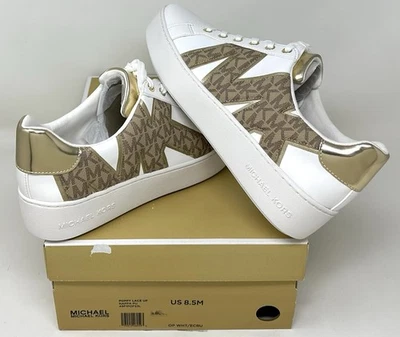 Michael Kors Poppy Logo White and Gold Sneaker - Womens Size - 8.5 - Image 1 of 4