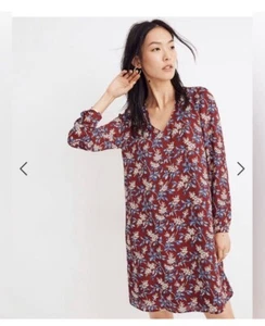 Madewell Size XS Antique Floral Print Button Back Shift Dress Burgundy Red Blue - Picture 1 of 9