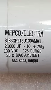 MEPCO/ELECTRA 21,000UF, 100VDC CAPACITORS, 3186GH213U100AMA1 - Picture 1 of 5