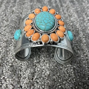 Santa Fe Style Faux Turquoise Orange Silver Tone Bracelet cuff adjustable - Picture 1 of 3