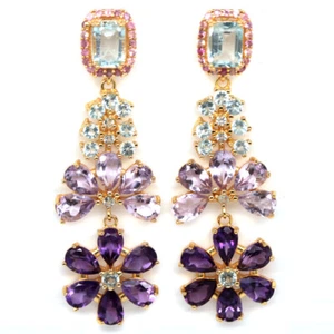 925 Sterling Silver 5 x 7 mm. Sky Blue Topaz, Amethyst & Sapphire Earrings - Picture 1 of 4
