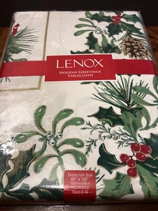 🎄Lenox HOLIDAY GREETINGS 60 x 102” Ivory Tablecloth Christmas Ribbon Holly Pine - Picture 1 of 13
