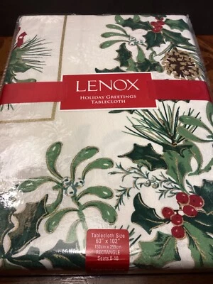 🎄Lenox HOLIDAY GREETINGS 60 x 102” Ivory Tablecloth Christmas Ribbon Holly Pine - Image 1 of 4