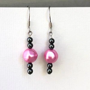 Pink and Gray Dangle Statement Earrings Hook Upcycled Faux Pearls Handmade Gift - Picture 1 of 7