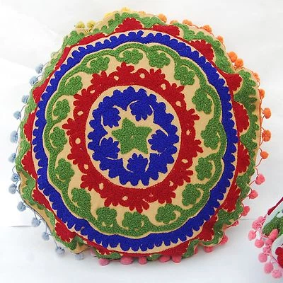 Indian Ethnic Floral Cotton Pillow Case Suzani Embroidery Round Cushion Cover16" - Image 1 of 4