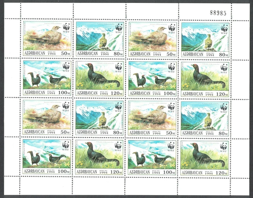 Hoja de 4 juegos de Azerbaiyán Birds WWF urogallo negro caucásico 1994 MNH Foto 1 de 1