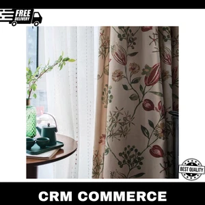 Red Floral Curtains Linen Textured for Living Room Patterned Green Jacobean F... - Picture 1 of 7