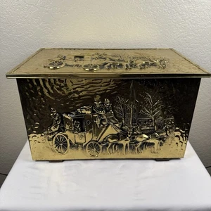 Geprägtes Messing Pferd & Kutsche Szene Kamin Holz Anzünden Zunder Aufbewahrungsbox - Bild 1 von 7