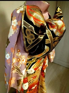 Kimono japonés FURISODE.Seda pura.Bordado.Oro púrpura rojo 169cm.+jubano. - Imagen 1 de 15