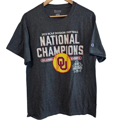 Oklahoma University Softball National Champions 2022 T-Shirt Lg Gray Champion OU - Image 1 of 4