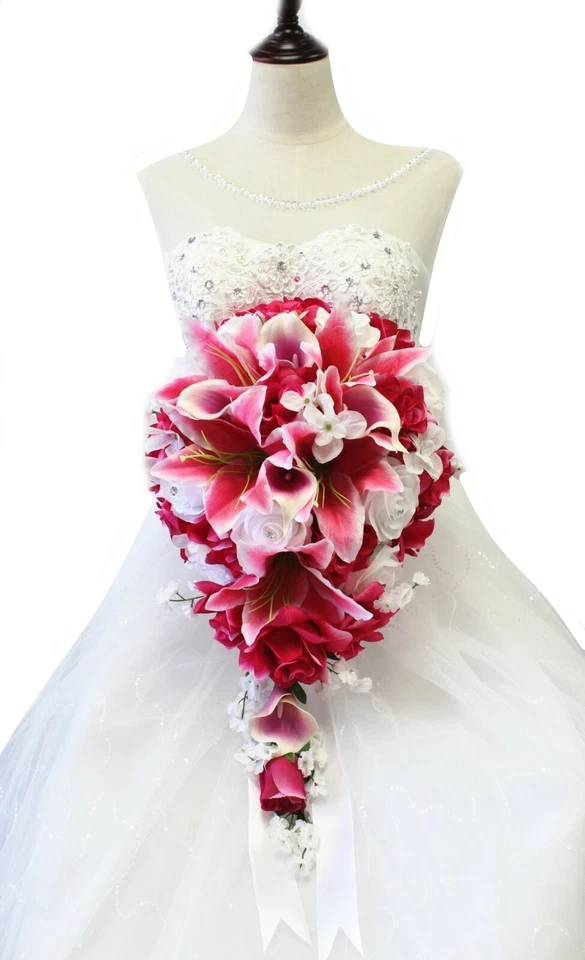  Fuchsia Hot Pink White Bouquet Corsage Boutonniere Keepsake Artificial flowers - Image 1 of 1