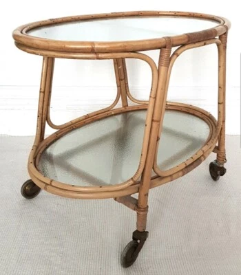 Mid Century Angraves Bamboo Oval Drinks Trolley, Vintage Bamboo & Glass Bar Cart - Image 1 of 4