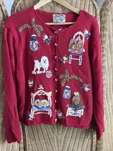 erbstück sammlerstücke Pullover Strickjacke Hunde groß kokett Blumen Crewel Oma - Bild 1 von 14