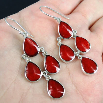 925 Sterling Silver Chandelier Style Red Coral Earrings Jewellery - Image 1 of 4