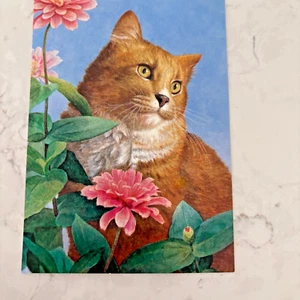 Tarjetas Hallmark 1989 de CATS! Postal de Brad Sutton Tabby & Zinnias Garden - Imagen 1 de 8