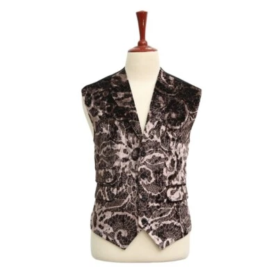 Mens Vest XL Brown Floral Velvet Formal Wedding Party Suit Lapel Waistcoat 46 - Image 1 of 4