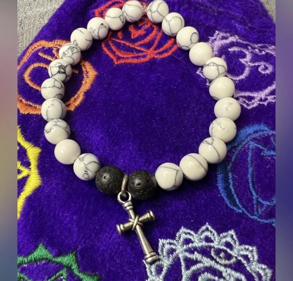 Black Lava Bead White Howlite Cross Charm Handmade Stretchy Bracelet - Image 1 of 1