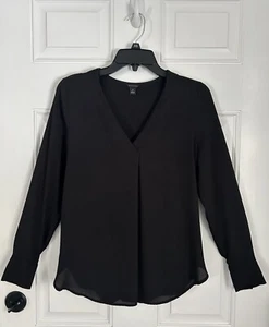 Ann Taylor Blouse Black Size S V-Neck Long Sleeves Button Cuff Pullover - Picture 1 of 6