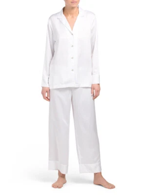 Natori Feathers Silky Feel Satin Notch PJ Pajamas Set White Bridal Shower Sz L M — 第 1/2 张图片