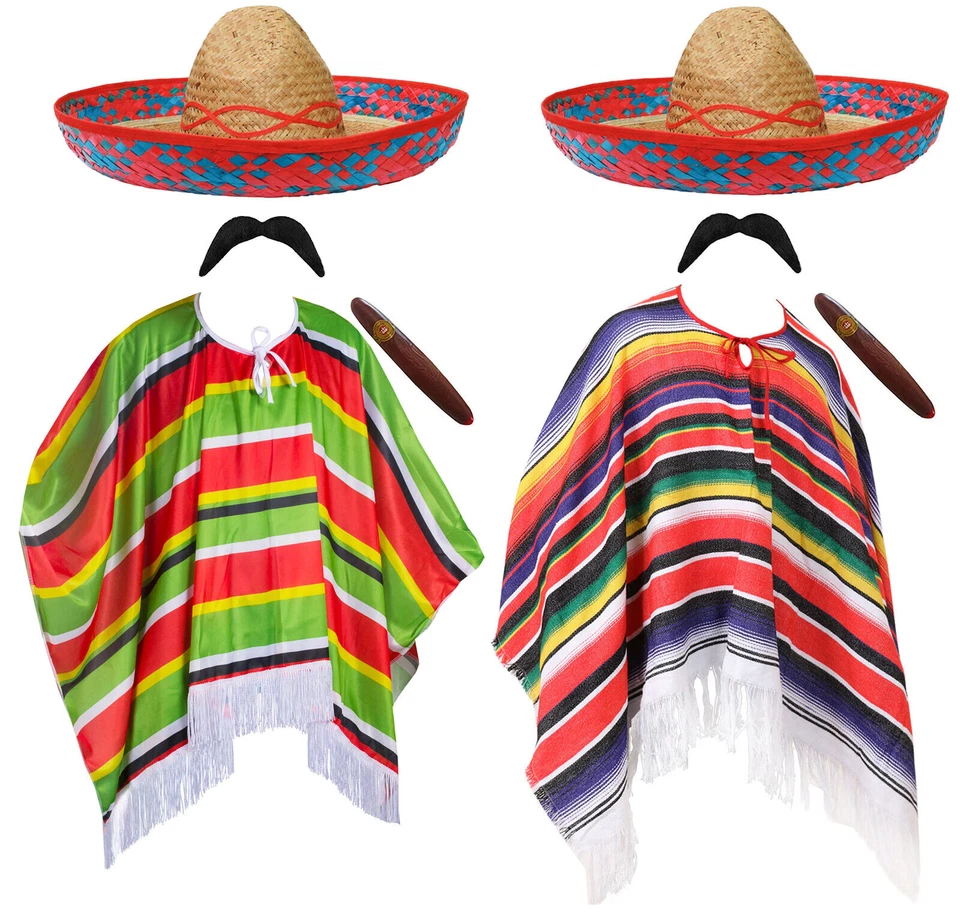 ILOVEFANCYDRESS MEXICAN PONCHO SOMBRERO CIGAR MENS MEXICO FANCY DRESS COSTUME STAG PARTY OUTFIT